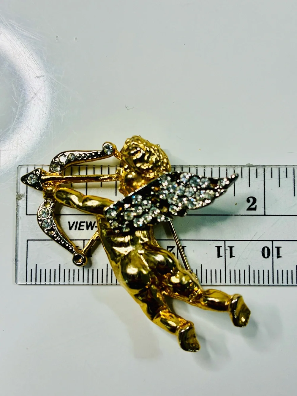 Distressed Gold-Tone Cupid Brooch with Clear Rhinestones Classic Valentine READ